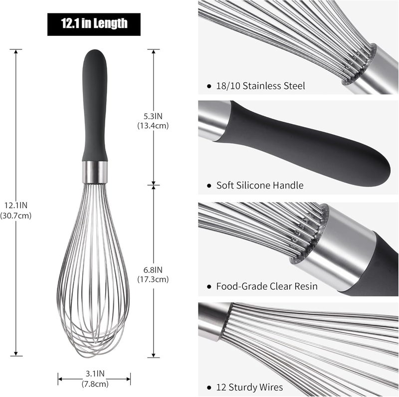 Doosu 18/8 Stainless Steel Balloon Whisk, Kitchen Whisk for Cooking Handheld Egg Beater with Rust-Proof Sturdy Wires & Non-Slip Silicone Handle for Beating, Stirring, Blending (12 Wires, Black) - Image 2